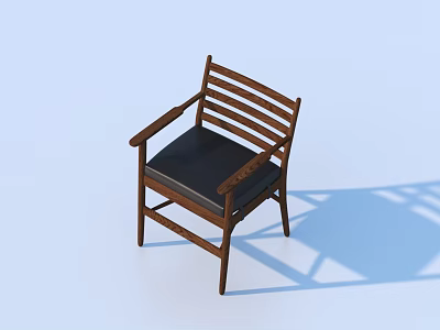 Wooden Single Chair With Slatted Back And Black Cushion Modern Simple Design For Living Room 3d model
