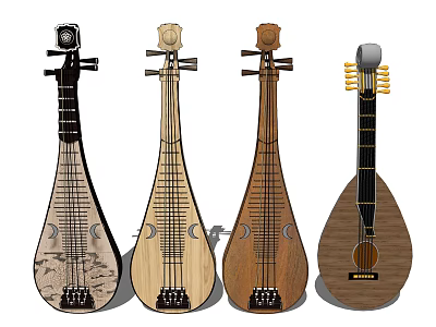 Traditional Lute String Instruments With Various Wooden Craft Designs And Details 3d model