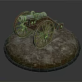 Vintage Cannon Model With Wooden Wheels On Circular Weathered Earthy Base