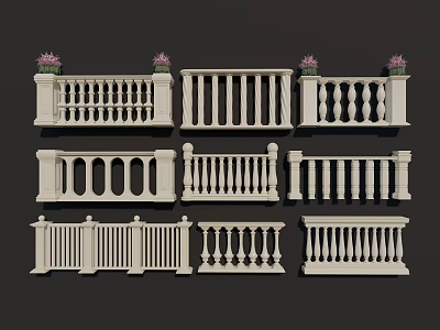 Various Decorative White Fence Designs With Ornate Railings And Flower Pots 3d model