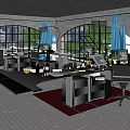 Public Office Space With Desks Computers Office Equipment Arched Windows And Green Plants