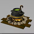 Black Cauldron with Green Liquid Curved Handle on Wooden Stand with Stones and Flames Around