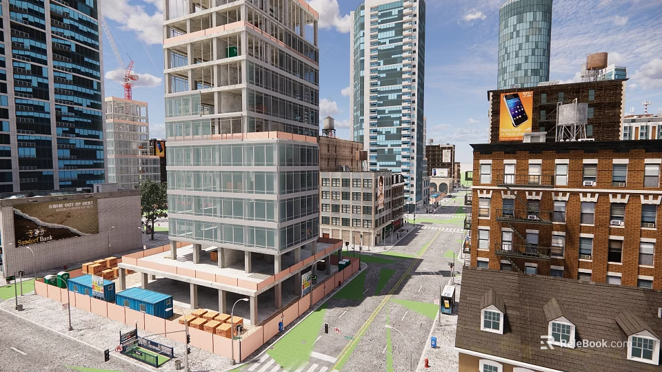 Urban Street View With Modern High Rise Buildings Traditional Architecture And Cranes 3d model 