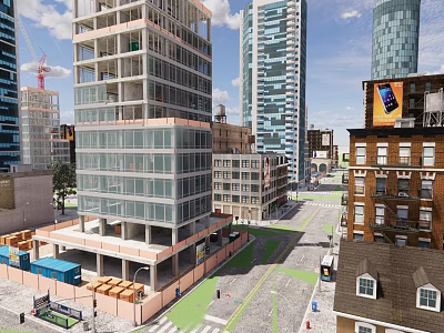 Urban Street View With Modern High Rise Buildings Traditional Architecture And Cranes 3d model