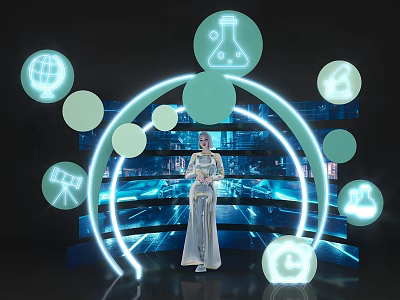 Futuristic Photo Spot With Glowing Rings Tech Icons And Blue Background 3d model