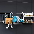 Wall Mounted Kitchen Utensils Rack With Knives Spatulas Plates And Spice Jars