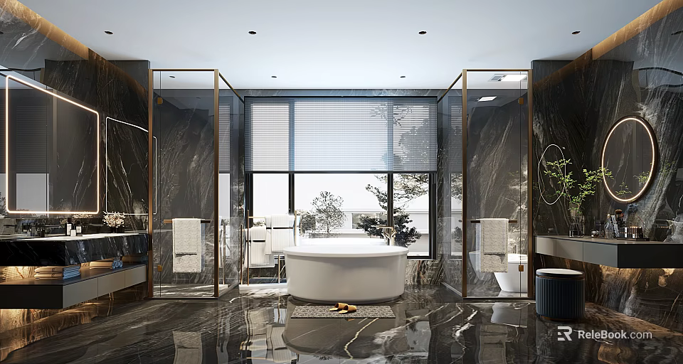 Modern Luxury Dark Marble Bathroom Featuring Freestanding Bathtub Dual Glass Shower Partitions And Large Windows 3d model 