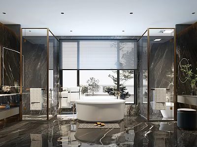 Modern Luxury Dark Marble Bathroom Featuring Freestanding Bathtub Dual Glass Shower Partitions And Large Windows 3d model