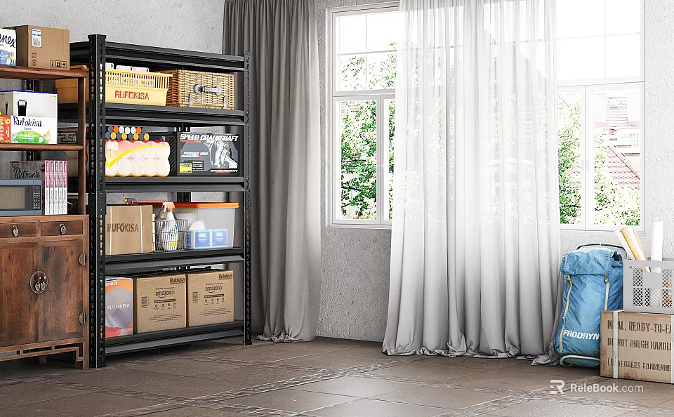 Black Metal Storage Shelf with Cardboard Boxes Bottles And Containers Near Window With Light Curtains 3d model 