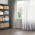 Black Metal Storage Shelf with Cardboard Boxes Bottles And Containers Near Window With Light Curtains