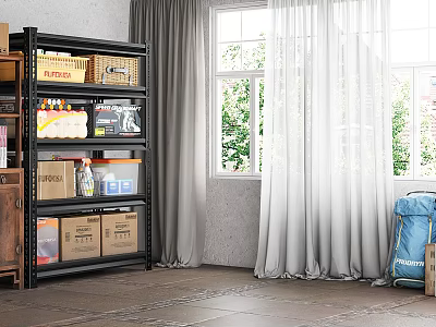 Black Metal Storage Shelf with Cardboard Boxes Bottles And Containers Near Window With Light Curtains 3d model