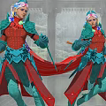 Game Movie Character Blue Pink Hair Green Red Outfit Holding Spear Red Cape Gray Architecture