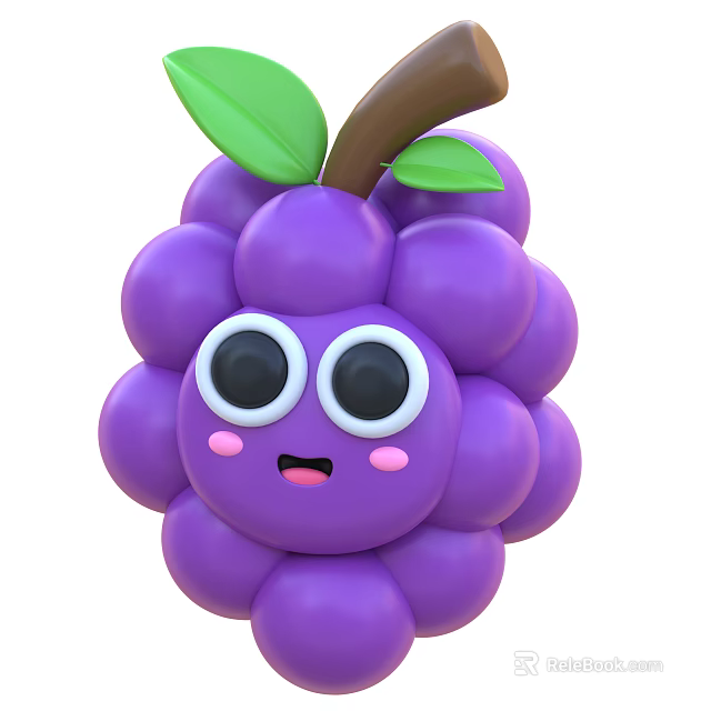 Cute Purple Cartoon Grapes With Big Eyes Smiling Face Green Leaves And Brown Stem 3d model 