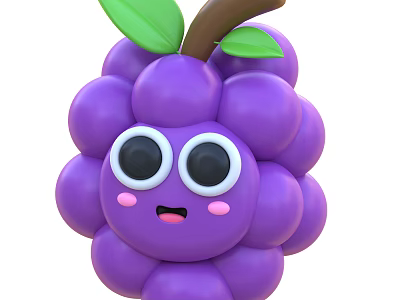 Cute Purple Cartoon Grapes With Big Eyes Smiling Face Green Leaves And Brown Stem 3d model