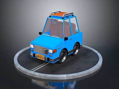 Blue Cartoon Style Mini Car With Roof Rack On Circular Platform 3d model