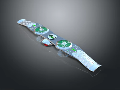 Futuristic Architectural Structure With Silver Metallic Texture Green Circular Sections And Red Accents 3d model