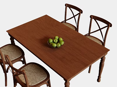 Brown Wooden Dining Table Set with Four Cross Back Chairs and Bowl of Green Apples 3d model