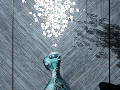 Teal Bird Shaped Sculpture Carving On Modern Wall With Pendant Light Shadow 3d model