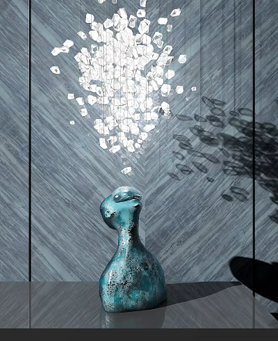 Teal Bird Shaped Sculpture Carving On Modern Wall With Pendant Light Shadow 3d model