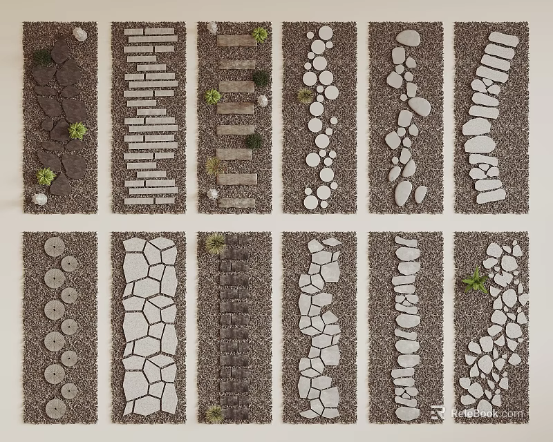 Various Stone Garden Pathway Designs With Different Paving Patterns And Small Plants 3d model
