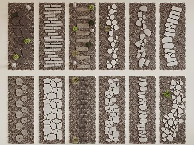 Various Stone Garden Pathway Designs With Different Paving Patterns And Small Plants 3d model