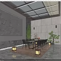 Villa Balcony With Glass Roof Large Decorative Painting Stone Wall Fireplace Table Chairs And Plants