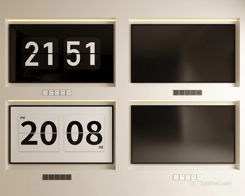 Four Retro Television Screens Featuring Digital Time Display And Dark Panels 3d model 