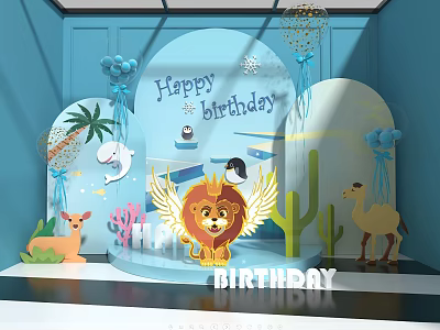 Happy Birthday Party Decoration With Lion Dolphin Penguin Camel Deer Palm And Cactus 3d model