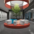 Modern Interior Space With Circular Red Platform White Seats Central Pool And Green Bamboo Plant