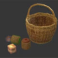 Handwoven Wicker Basket and Wooden Storage Containers with Yellow Cube for Home Use