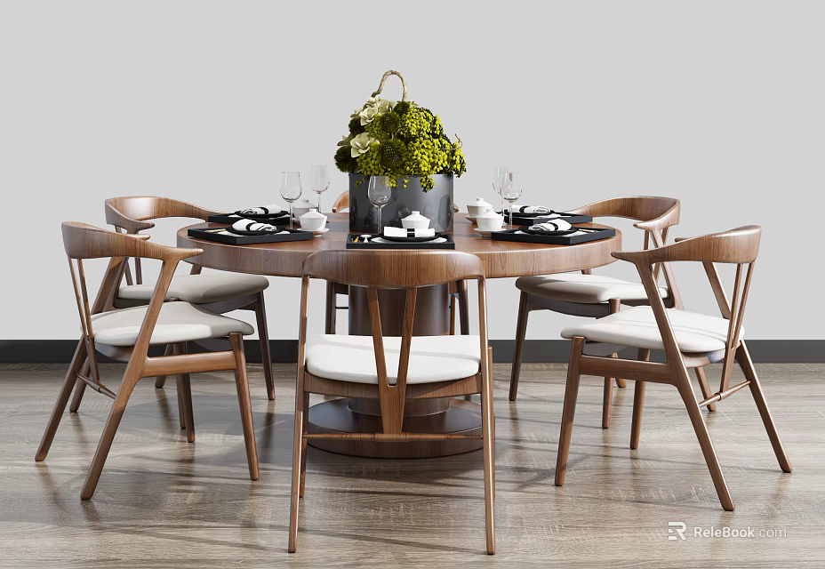 Modern Round Wooden Dining Table Set With Six White Cushioned Chairs And Green Floral Centerpiece 3d model 