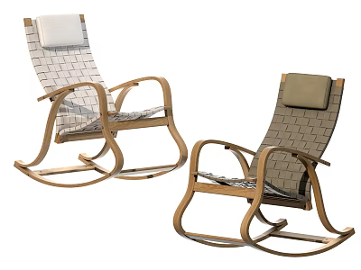 Stylish Comfortable Wooden Rocking Chairs With Woven Seat And Backrest And Cushions 3d model