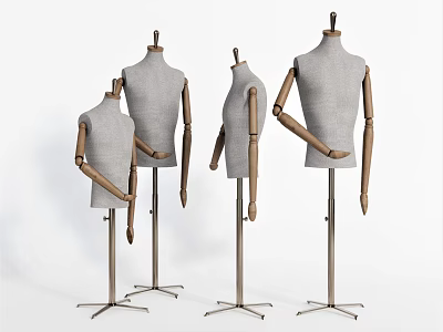 Mannequins of Various Sizes with Gray Fabric Wooden Arms and Metal Stands on White Background 3d model