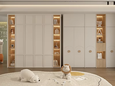 Modern White Wooden Wardrobe With LED Lighting In Kids Room Featuring Toys And Carpet 3d model
