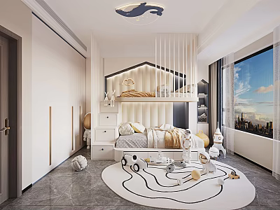 Kids Room Interior With House Shaped Bed Whale Ceiling Light Toys And Play Mat 3d model