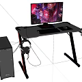 Gaming Computer Setup With Monitor Keyboard Mouse On Ergonomic Desk And PC Case Headphones