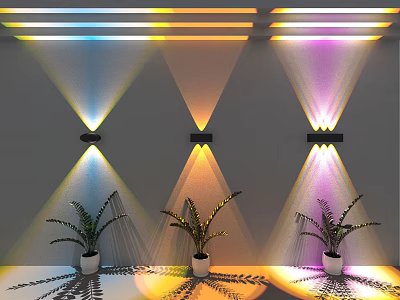 Modern Colorful Light Projecting Wall Lamps With Green Plants On Grey Background 3d model