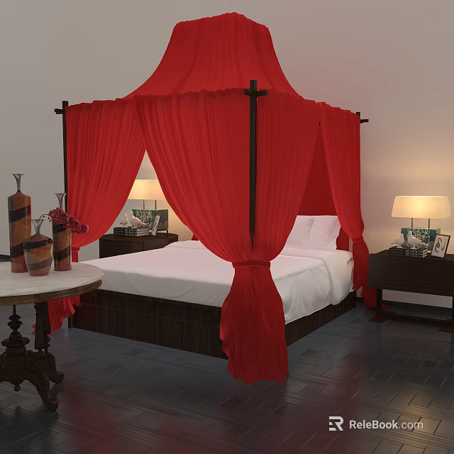 Elegant Four Poster Double Bed With Red Canopy White Bedding And Bedside Lamps 3d model 
