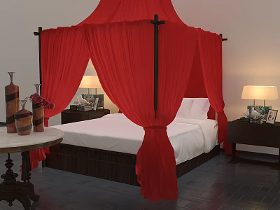 Elegant Four Poster Double Bed With Red Canopy White Bedding And Bedside Lamps 3d model