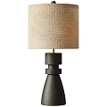 Pair of Modern Dark Wooden Table Lamps with Linen Shades and Geometric Bases