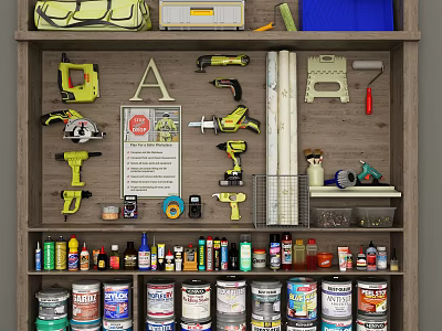 Organized Hardware Tools Display on Wooden Shelf with Tool Bags Drill Saw and Bottled Items 3d model