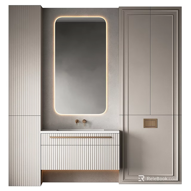 Luxurious Modern Bathroom Vanity with Oval Lighted Mirror Striped Cabinet and Brushed Brass Faucet 3d model 