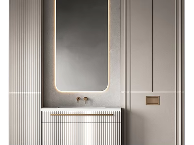Luxurious Modern Bathroom Vanity with Oval Lighted Mirror Striped Cabinet and Brushed Brass Faucet 3d model