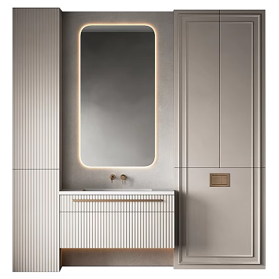 Luxurious Modern Bathroom Vanity with Oval Lighted Mirror Striped Cabinet and Brushed Brass Faucet 3d model