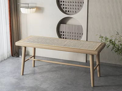 Modern Wooden Bench With Woven Rattan Seat And Minimalist Interior Design 3d model