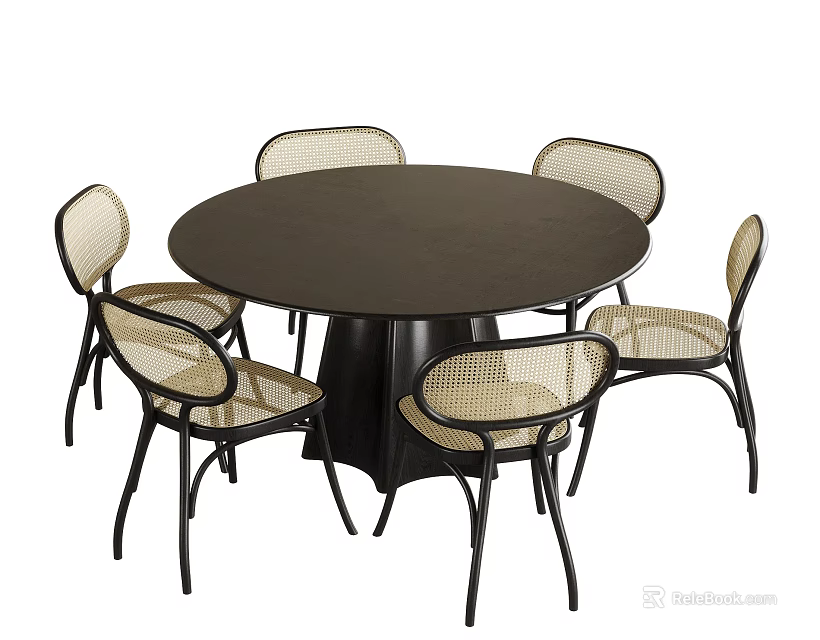 Modern Round Dining Table Set With Wicker Chairs For Home Dining Room 3d model 