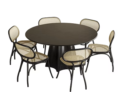 Modern Round Dining Table Set With Wicker Chairs For Home Dining Room 3d model