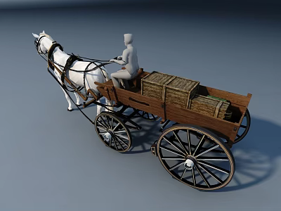 Vintage Wagon Pulled By White Horse Carrying Wooden Crates With Driver 3d model