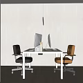 White Office Desk With Two Computer Monitors Black And Brown Chairs Wooden Floor