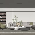 Modern Living Room Interior With Light Gray Sofa Green Armchair Round Coffee Table And Bookshelf